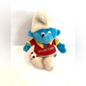1982 Vintage SMURF Soccer Player Plush Toy SMURFEROOS Peyo Wallace Berrie